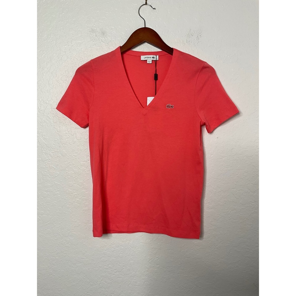 Lacoste Womens V-Neck T-Shirt Coral Short Sleeve 36/ Small NWT Made in Peru